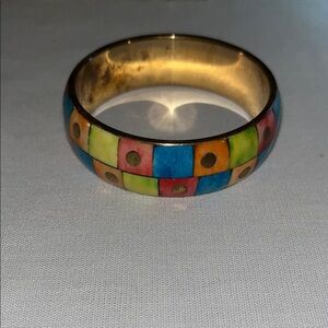 Vintage Colorful Enamel and Brass Bangle Bracelet.